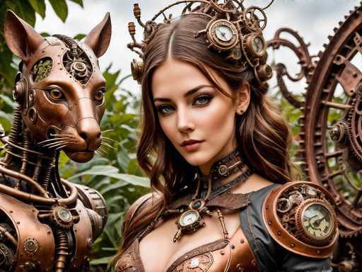 In this highly detailed, computer-generated image, a young woman with long, wavy brown hair and striking blue eyes stands next to a robotic cat. Both characters are adorned with intricate steampunk-inspired accessories, featuring numerous gears, dials, and clock-like elements. The woman wears a copper-colored, low-cut top with a leather collar, and her hair is styled in a bun, decorated with various metallic pieces. The robotic cat beside her has a copper body with visible gears and clockwork components, including a green plant-like element in its head. The background is filled with lush green leaves, adding a natural contrast to the mechanical figures. The overall scene exudes a blend of fantasy and technology, creating a captivating steampunk aesthetic.