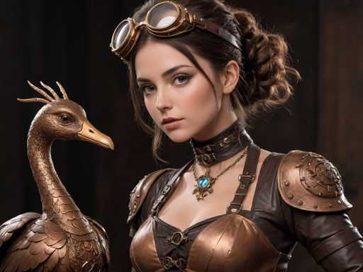 The image depicts a young woman, likely in her late teens or early twenties, dressed in a steampunk-inspired outfit. She has brown hair styled in a bun with a few strands framing her face, and she wears a pair of gold-rimmed goggles pushed up on her forehead. Her attire includes a bronze-colored corset with black leather accents, bronze shoulder pads, and a black leather choker adorned with a blue gem. A strap from her corset extends over her shoulder, adding to the intricate design of her outfit. She has a serious expression and is looking directly at the camera. To her left stands a bronze-colored bird, possibly a goose or duck, with a long neck, a yellow beak, and feathers that resemble scales. The background is dark, with a hint of a wooden wall on the right side, enhancing the overall mysterious and steampunk aesthetic of the scene.