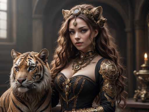In this highly detailed, photorealistic image, a young woman with long, wavy brown hair and striking blue eyes is depicted in elaborate attire. She wears a black dress adorned with intricate gold accents, including a prominent gold necklace and a matching choker. Her outfit features a corset-like bodice with a low neckline, and her left arm is covered in a black sleeve with gold detailing. Atop her head, she sports a golden crown with cat ears, and a jewel dangles from the center of the crown. The woman's expression is serious, and she gazes directly at the viewer. Beside her, on her right, stands a majestic tiger with a golden hue, its head slightly tilted and looking off to the left. The background is blurred but reveals a grand, castle-like interior with arched doorways, a lit candle on a table, and a window, adding to the majestic and mysterious atmosphere of the scene.