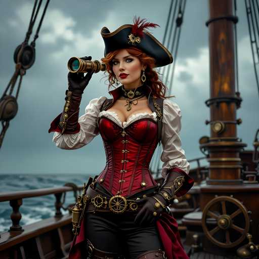 A woman dressed as a pirate stands on a wooden ship deck, holding a telescope and wearing a red corset with gold buttons and a black hat adorned with feathers.