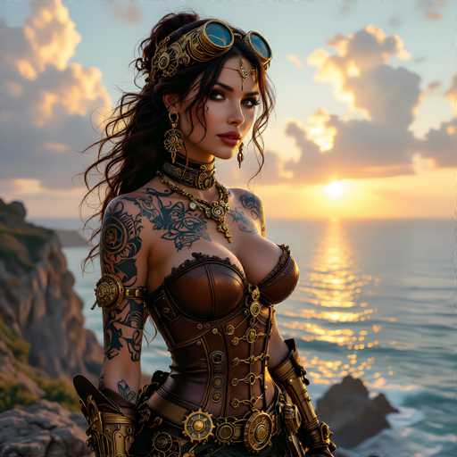 A stunning, AI-generated image depicts a woman standing on a rocky cliff overlooking the ocean at sunset. The scene is bathed in warm, golden light, with the sun setting on the horizon and casting a serene glow across the water. The woman, who has long, dark hair, is adorned with intricate steampunk-inspired accessories, including goggles perched atop her head and a forehead ornament. She wears a leather corset with gold buckles and a matching choker, complemented by long, dangling earrings. Her arms are covered in detailed tattoos, and she sports a belt with gold buckles. The overall composition exudes a fantastical, otherworldly charm, blending elements of fantasy and steampunk aesthetics.