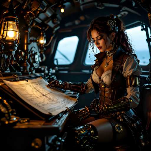In this detailed, computer-generated image, a woman is depicted in a steampunk-inspired setting, seated at a desk that appears to be inside a ship or submarine. She is engrossed in examining a large, intricate map or blueprint spread out on the desk. The woman is adorned in a white blouse with a brown leather corset, and her arms are covered in metallic, robotic exoskeletons that extend from her wrists to her elbows. Her legs are similarly enhanced with mechanical limbs, and she wears a choker around her neck. Her long, dark brown hair is styled in a ponytail, and she has red lipstick on. The desk is cluttered with various metal objects, including a lantern that casts a warm glow, and there are additional lanterns hanging from the ceiling. The background reveals windows that offer a glimpse of the ocean, enhancing the sense of being aboard a vessel. The overall scene is bathed in a palette of browns, golds, and whites, contributing to the steampunk aesthetic.