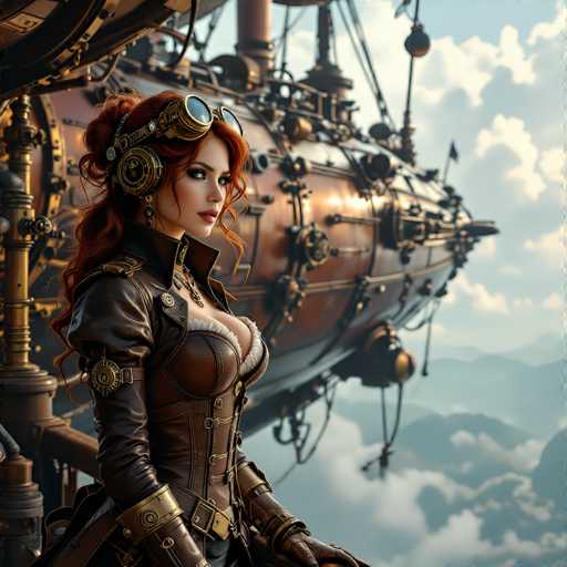 The image depicts a highly detailed, computer-generated scene of a woman standing in front of a large, steampunk-inspired airship. The airship, which has a coppery bronze color and is adorned with various gears, wires, and ropes, appears to be floating in the sky. The woman, who has long red hair styled in a ponytail with loose strands framing her face, is wearing a brown leather corset top with a high collar, a matching leather jacket, and brown leather gloves. She also has gold-colored goggles resting on her forehead and a pair of headphones around her ears. Her outfit is accentuated with gold buckles and straps, and she has a belt around her waist. The background features a blue sky with white clouds and distant mountains, adding to the fantastical and adventurous atmosphere of the scene.