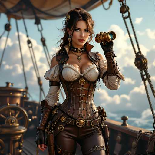 This image portrays a strikingly realistic, AI-generated depiction of a woman standing on the deck of a vintage pirate ship. The woman, who appears to be in her 20s, has long brown hair styled in a half ponytail and is adorned with a choker necklace and dangling earrings. She wears a corset-like top with a frilly white shirt underneath, complemented by leather pants and fingerless gloves. Her attire is accentuated with a belt featuring a prominent gear, and she has a gun holster on her right hip. She holds a brass-colored telescope up to her left eye, gazing off into the distance. The background reveals the ship's wooden structure, including the wheel and ropes, set against a sky filled with clouds. The overall scene is bathed in warm, golden light, enhancing the detailed and lifelike quality of the image.