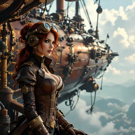A woman with red hair and a steampunk-inspired outfit stands on the edge of a cliff overlooking a large metal ship that is floating in the sky above her.