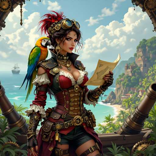A woman dressed as a pirate stands on a balcony overlooking a tropical island with palm trees and a ship sailing in the background. She holds a map of the island in her hands.