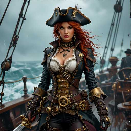This image depicts a strikingly detailed, computer-generated female pirate with long, flowing red hair and piercing green eyes. She is adorned in a black pirate hat embellished with gold trim and a feather. Her attire includes a black leather jacket with gold accents, a white bustier, and a brown corset laced up the front. She also wears a choker necklace with a pendant and a medallion necklace. Her black leather pants are complemented by a belt featuring a large gold medallion and a smaller one, along with several other leather belts. She wields a sword with a gold handle in her right hand. The background reveals a stormy, gray sky and choppy blue waters, with the pirate ship's brown wooden deck and ropes visible. A man in a black hat stands at the ship's wheel, adding to the scene's authenticity and depth.