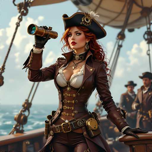The image depicts a strikingly detailed scene of a woman dressed in a pirate outfit, standing on a ship. She is adorned in a black hat with a white feather and a gold emblem, and her long red hair cascades down her back. Her attire includes a brown leather jacket with gold buttons, a white bustier, and a corset that accentuates her figure. She wears black gloves and a black belt with a gold buckle, from which a gold canister hangs. In her right hand, she holds a large, brown telescope with a blue lens, gazing intently into the distance. Her makeup is bold, featuring red lipstick and black eyeliner. The background reveals a blue sky with white clouds and the ocean below, with the ship's brown wooden railings and ropes visible. Two men in brown suits and black hats stand behind her, adding to the nautical atmosphere.
