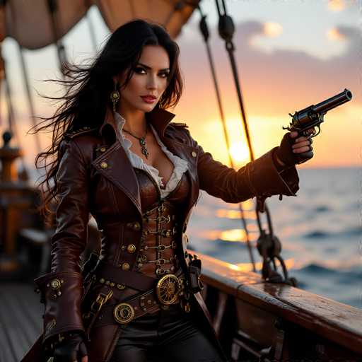 The image depicts a striking scene of a woman standing on the deck of a wooden ship, set against the backdrop of a sunset over the ocean. The woman, who appears to be in her 20s or 30s, has long, flowing black hair and is dressed in a detailed, old-fashioned outfit reminiscent of a pirate or a character from a Western movie. She wears a brown leather jacket over a white shirt, with a corset-like vest that features gold buttons and a large belt with a prominent gold buckle. Her ensemble is completed with black leather pants and fingerless gloves. She holds a silver revolver in her left hand, pointing it towards the right side of the image. The deck of the ship is made of wood, and the background is blurred, emphasizing the woman's detailed appearance and the dramatic setting. The overall style of the image suggests it could be a digital painting or an AI-generated artwork.