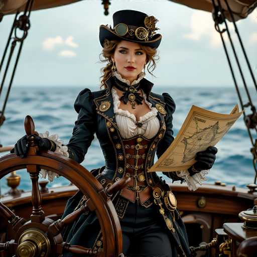A captivating image features a woman dressed in an elaborate steampunk-inspired outfit, standing confidently at the helm of a ship. She is adorned in a striking black dress with intricate gold accents, complemented by a matching black top hat embellished with gears and goggles. Her ensemble includes a corset and a choker, adding to her vintage allure. The woman's long brown hair cascades down her back, and she wears black gloves that contrast with her fair skin. Her eyes are a mesmerizing blue, and her lips are painted a bold red. She holds a map in her left hand, while her right hand grips the ship's wooden wheel, which is detailed with gold accents. The backdrop reveals a vast ocean under a clear blue sky dotted with fluffy white clouds, enhancing the sense of adventure and exploration.