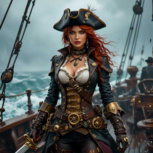 A woman with red hair and a pirate hat stands on a ship deck holding a sword and shield, dressed in a black and gold outfit that includes a corset and boots.