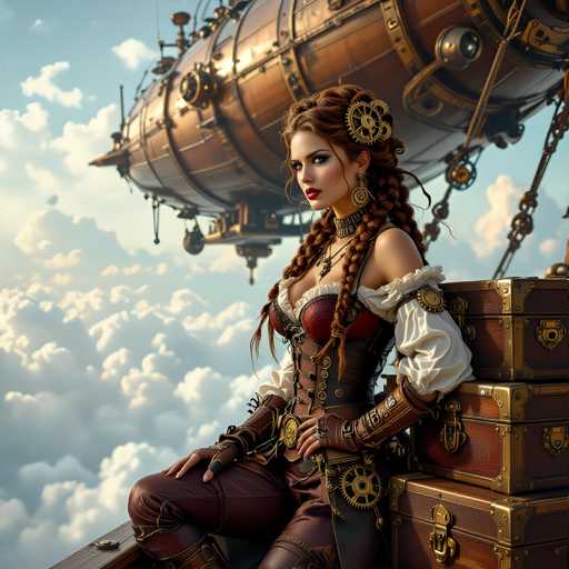 A woman with long red hair and a steampunk-inspired outfit is seated on the edge of a boat, wearing a corset and boots. The boat has two large sails that billow in the wind, and an airship hovers above it.