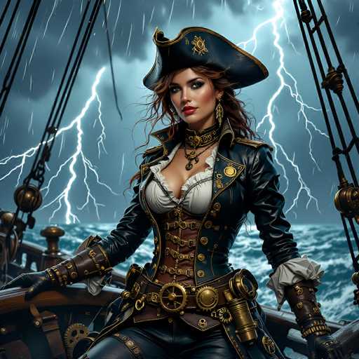 The image depicts a strikingly detailed, AI-generated portrayal of a woman dressed in an elaborate pirate ensemble. She stands confidently on the deck of a ship, her right hand resting on the large, brown wooden ship's wheel. Her attire includes a black leather jacket adorned with gold buttons and a white bustier, complemented by a brown leather corset with gold buckles. She wears a black leather belt with gold accents, a black leather choker with gold embellishments, and a black pirate hat featuring a gold emblem. Her long brown hair cascades down, and she sports red lipstick and heavy eye makeup, enhancing her captivating presence. The background reveals a tumultuous sea under a dark, stormy sky filled with lightning and rain, adding to the dramatic atmosphere. The intricate details of her outfit, including her leather gloves and the various gold accents, highlight the high level of detail in this AI-generated artwork.