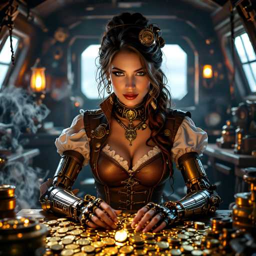 The image depicts a woman seated at a table adorned with numerous gold coins. She is wearing a distinctive outfit that combines elements of a corset and a puffy-sleeved shirt, with a leather vest featuring a strap over her shoulder. Her arms are covered in metallic armor that extends from her wrists to her elbows, and she wears fingerless gloves. Around her neck, she sports a choker with a pendant, and a necklace with a circular pendant. Her hair is styled in an elaborate updo with a large clip, and she has long brown hair cascading down her left shoulder. She is looking directly at the camera with a serious expression. The background suggests she is inside a ship, with visible windows and a door, and the scene is illuminated by lanterns and a light source on the left side.
