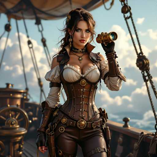 A woman dressed as a steampunk character stands on a ship deck holding a telescope and wearing a corset with gold accents.