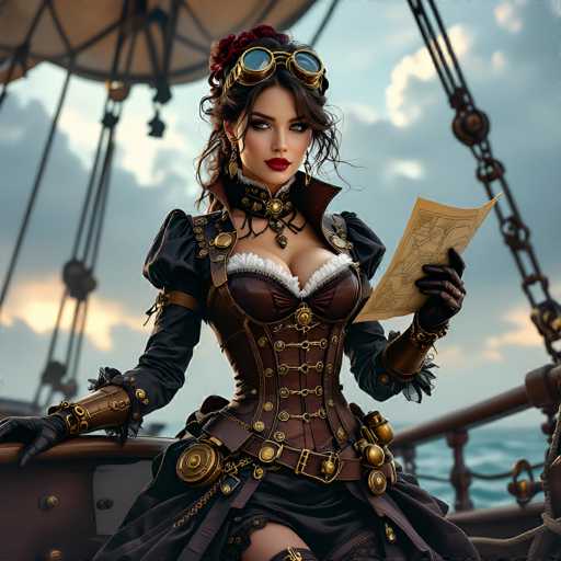 This image depicts a highly detailed, computer-generated rendering of a woman in a steampunk-inspired outfit, standing on the deck of a ship. The woman, who has long dark hair and striking blue eyes, is adorned with gold-rimmed aviator goggles perched atop her head. She wears a dark brown corset with gold buttons and a white frilly top, complemented by black leather sleeves and gloves. Her ensemble is accentuated with a belt featuring various gold and bronze buckles, and she has a necklace with a pendant. The woman is holding a map in her left hand, and her right hand rests on the ship's railing. The background reveals a cloudy sky with hints of blue, the ocean, and the ship's structure, including a large wheel and chains. The overall scene exudes a sense of adventure and mystery, enhanced by the intricate details of her attire and the surrounding maritime environment.