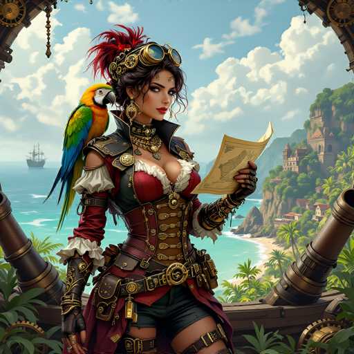 The image depicts a detailed, computer-generated scene of a woman standing on a wooden ship, surrounded by lush greenery and palm trees. She is dressed in a steampunk-inspired outfit, featuring a red and black corset with gold buttons, a black collar, and a black belt adorned with various tools. Her attire includes black shorts, black straps around her thighs, and black gloves with gold accents. She has a red feather in her hair and wears goggles on her forehead, along with a nose ring and a small tattoo between her eyebrows. A parrot with a yellow head, green and blue wings, and a black beak perches on her shoulder. The woman holds a map in her left hand, and behind her, a cannon points out over the ocean. The background showcases a blue sky with white clouds, a distant ship, and a picturesque shoreline with a beach, cliffs, and buildings.