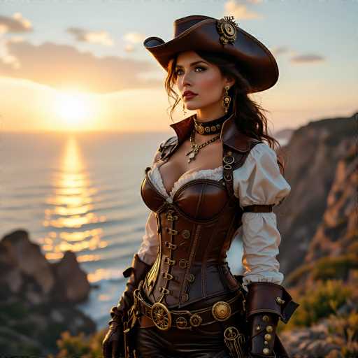 A stunning, AI-generated image features a woman in a detailed pirate costume, standing on a rocky cliff overlooking the ocean at sunset. The woman, with long brown hair cascading down her back, is adorned in a brown leather corset that reveals a hint of cleavage, paired with a white puffy shirt underneath. She wears a brown leather belt with a gun holster on her right hip and brown leather gloves that extend up to her elbows. Her ensemble is completed with a brown leather hat embellished with a gold medallion, and she sports a choker necklace with a cross pendant. The background showcases a serene ocean with the sun setting on the horizon, casting a golden reflection across the water. The sky is a mix of blue and gray, with a few clouds scattered above. To the right, the rocky cliff is dotted with patches of green grass, adding to the picturesque scene.