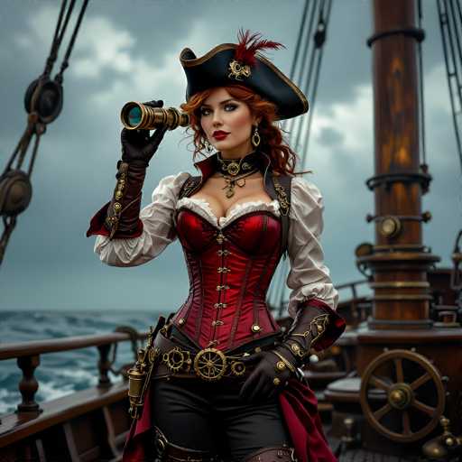 A captivating photograph features a woman dressed in an elaborate pirate costume, standing on the deck of a wooden ship. She is adorned in a striking red corset with intricate gold buttons, complemented by a white blouse with puffy sleeves. Her ensemble includes black leather gloves, black pants, and a black belt with a prominent gold buckle. A sword is holstered on her right hip, adding to her swashbuckling appearance. She wears a black pirate hat embellished with a red feather, and her long red hair cascades down her back. The woman is holding a large, gold-colored telescope up to her right eye, gazing intently into the distance. The background reveals the ship's wooden wheel and the surrounding ocean, with a cloudy sky overhead, enhancing the dramatic and adventurous atmosphere of the scene.