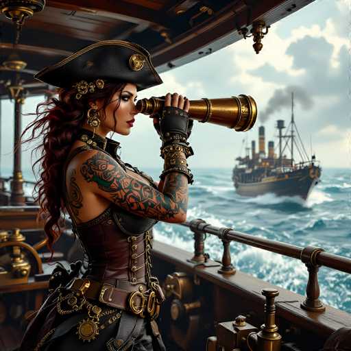 In this detailed digital artwork, a woman stands on the deck of a ship, gazing intently through a large, golden telescope. She is adorned in a black pirate hat embellished with gold accents and a prominent gold medallion at the front. Her long, curly brown hair cascades down her back, and she wears a striking red lipstick. A black leather choker with gold embellishments encircles her neck, complementing her elaborate attire. Her outfit features a brown leather corset with gold buttons and a matching brown leather skirt, both adorned with intricate gold chains and medallions. Her arms are covered in vibrant tattoos, adding to her striking appearance. She stands against a backdrop of a wooden railing, with the vast ocean stretching out behind her. In the distance, another ship can be seen, billowing smoke from its smokestacks as it sails across the horizon. The sky above is a mix of blue and gray, with clouds adding to the dramatic atmosphere.