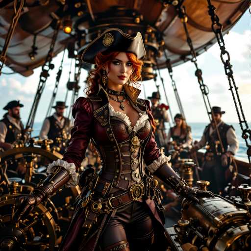 The image depicts a highly detailed, computer-generated scene of a pirate ship sailing on the open ocean. At the center of the composition stands a striking female pirate with vibrant red hair, adorned in a black hat and a maroon dress. She wears a corset and leather gloves, and her outfit is accentuated with numerous gold buttons and buckles. Her ensemble is completed with a belt featuring a prominent gold buckle, and she has a gun holstered on her right side. She is gripping a large, gold ship's wheel with both hands, exuding a sense of authority and command.

Surrounding her are several male pirates, all dressed in traditional pirate attire, including black hats and vests over white shirts. They are positioned around the ship, engaged in various tasks, contributing to the bustling atmosphere of the scene. The background reveals the expansive ocean and a clear blue sky, enhancing the sense of adventure and freedom associated with life on the high seas. The intricate details of the ship, including its sails and rigging, add to the authenticity and immersive quality of the image.