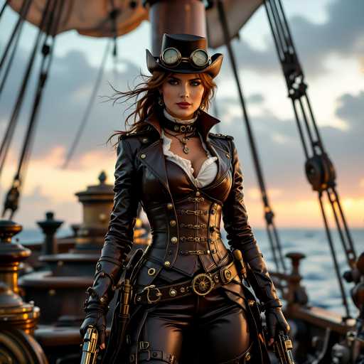 A woman dressed as a steampunk character stands on a ship deck at sunset, wearing a black leather outfit with gold accents and a black top hat adorned with goggles. She holds a gun in her right hand and wears a white lace corset that accentuates her figure. The ship's sails are visible behind the woman, suggesting she is aboard a vessel during this time of day.