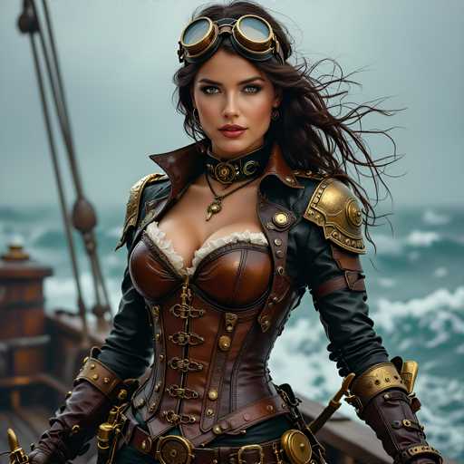 A woman dressed in a steampunk-inspired outfit stands on a wooden deck overlooking the ocean. She wears a corset with a gold belt and a helmet adorned with a gold chain. The woman's hair is styled in loose waves, and she has large goggles covering her eyes.