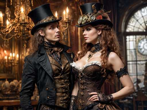In this detailed image, a man and a woman are dressed in elaborate steampunk attire, standing in a richly decorated room. The man, positioned on the left, wears a black top hat adorned with gears and a gold band, and has long brown hair. His outfit includes a black jacket over a brown vest, a black shirt, and a brown bow tie. The woman, on the right, sports a similar black top hat with gears and a red rose, her long brown hair cascading down. She is dressed in a revealing brown corset with white frills at the top, black gloves, and a black choker necklace. Both are looking at each other, with the woman's hand resting on her hip. The background features a grand chandelier with lit candles, a large window with an arch, and a clock on the wall, adding to the room's opulent atmosphere.