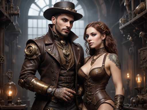 The image depicts a highly detailed, computer-generated scene set in a steampunk-inspired workshop or store. The focal point is a man and a woman, both dressed in elaborate leather attire. The man, positioned on the left, wears a black top hat adorned with a gold band and medallions, a brown leather jacket with a gold shoulder pad, and a matching brown leather vest. His right arm is mechanical, and he sports a beard and mustache. The woman, on the right, has long brown hair styled with a gold headband and wears a revealing brown leather corset that exposes her legs. She also has a tattoo on her left shoulder and leather gloves. Both characters are looking directly at the viewer. The background features a large arched window with light streaming through, illuminating the room filled with various items, including shelves, a candle, and a lamp, all contributing to the steampunk aesthetic.