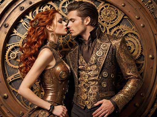 In this AI-generated image, a man and a woman are captured in a close embrace, their faces nearly touching as if they are about to kiss. The woman, positioned on the left, has long, wavy red hair adorned with a gold barrette. She is dressed in a sleeveless, bronze-colored corset with intricate gold designs, and her makeup features dark eyeshadow and red lipstick. Her left hand rests on her hip, showcasing a black wristwatch.

The man, standing on the right, has short brown hair and a slight stubble. He is wearing a dark brown, ornate suit with gold accents, including a high-collared jacket, a matching vest, and a tie. His right hand is placed on his hip, mirroring the woman's pose.

The background features a large, circular wooden wheel with a bronze or copper hue, detailed with numerous gears and cogs. This intricate backdrop adds a steampunk aesthetic to the scene, enhancing the overall vintage and mechanical ambiance of the image.