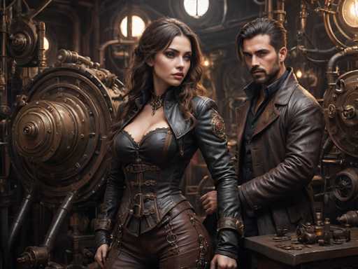 In this highly detailed, computer-generated image, a man and a woman are depicted in a steampunk-inspired setting. The woman, positioned centrally, has long brown hair cascading down to her chest and is adorned in a revealing black leather corset with intricate buckles and straps, complemented by brown leather pants. Her attire is accentuated by a black leather jacket featuring a red and gold emblem on the shoulder. She gazes slightly to the right, her expression enigmatic. 

Behind her stands a man with slicked-back brown hair, a mustache, and a beard. He is dressed in a black leather jacket over a black shirt, exuding a rugged yet composed demeanor. The background is rich with industrial elements, including numerous gears, pipes, and metallic components, all bathed in a warm, golden light that enhances the steampunk aesthetic. The scene is set in a dark, industrial room filled with intricate machinery and mechanical devices, creating an atmosphere of mystery and intrigue.