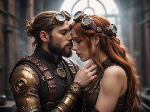 A man and woman dressed in steampunk-style clothing stand close together against a brick wall with a large window behind them. The man wears a black leather jacket adorned with gold accents and goggles, while the woman is wearing a brown leather dress with a red headband.