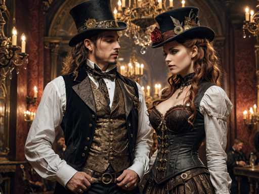 In this image, a man and a woman are dressed in elaborate Victorian-era costumes, standing in a dimly lit room adorned with numerous candle holders and chandeliers. The man, positioned on the left, wears a black top hat with a gold band, a white shirt, a black vest with a gold pattern, a brown bow tie, and a brown vest underneath. He has long brown hair, a goatee, and a mustache. The woman, on the right, dons a black top hat adorned with a red rose, a black corset, and a brown skirt. Her long brown hair cascades down her shoulders. Both individuals are looking at each other, with the man's hands resting on his belt and the woman's hands at her sides. The background features a large mirror and several people seated at tables, adding to the ambiance of a Victorian-era setting.