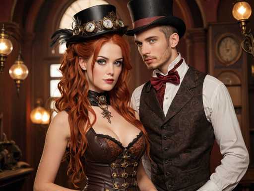 In this detailed photograph, a man and a woman are dressed in elaborate steampunk attire, standing in a richly decorated room. The woman, positioned on the left, has long, wavy red hair cascading down to her waist. She wears a distinctive black top hat adorned with a feather and a row of small clocks around the brim. Her outfit includes a brown leather corset with black lace trim and a choker necklace featuring a large brooch. The man, standing to her right, sports a black top hat with a red ribbon and a matching red bow tie. He is dressed in a white button-up shirt, a brown paisley vest, and a brown jacket. Both individuals have light skin and are looking directly at the camera. The room around them is adorned with numerous lanterns, a grandfather clock, and a window, adding to the vintage ambiance of the scene.