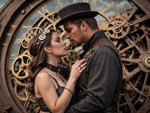 In this evocative steampunk-themed photograph, a couple is captured in a tender embrace, their faces mere inches apart as if about to kiss. The woman, positioned on the left, has long brown hair adorned with a headband featuring intricate gears and cogs. She wears a black leather choker and a sleeveless black leather corset, with her left hand gently resting on the man's chest. The man, standing to her right, sports a black top hat and a matching black button-up shirt. His attire includes a brown leather vest with a strap over his shoulder, and he has a goatee and short brown hair. The backdrop is a mesmerizing array of interconnected gears and cogs, framed by a wooden circular border, enhancing the steampunk aesthetic. The overall color palette of the image is dominated by shades of brown, black, and gold, adding to its vintage and mechanical allure.