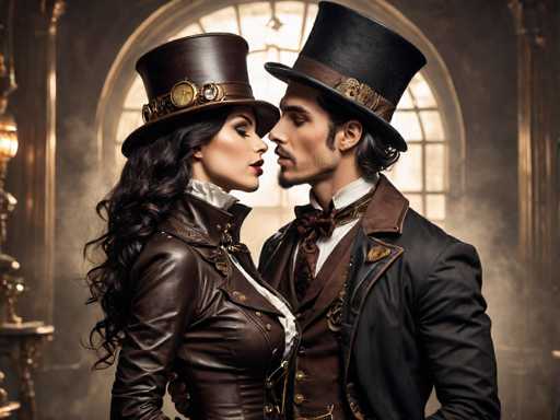 In this AI-generated image, a man and a woman are captured in a close embrace, their faces nearly touching as if they are about to kiss. The woman, positioned on the left, has long, dark brown hair cascading down her back. She is adorned in a brown leather jacket with a white shirt peeking out from underneath. Her eyes are closed, and she wears a brown top hat embellished with a gold band and a small clock on the side. The man, standing to her right, has long black hair flowing from under his black top hat, which also features a brown band. He is dressed in a black suit jacket over a brown vest, complemented by a brown bow tie and a white shirt. His eyes are open, and he sports a mustache and a small beard. The background reveals a large arched window with a brown frame, set against a dark brown wall. To the left of the woman, a gold lamp adds a touch of elegance to the scene. The intimate and detailed composition highlights the couple's steampunk-inspired attire and the romantic tension between them.