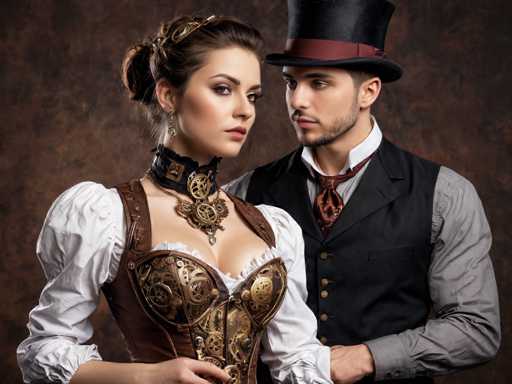 In this detailed portrait, a young couple, likely in their early 20s, stands against a dark brown background, embodying a steampunk aesthetic. The woman, positioned on the left, has her dark brown hair styled in a bun adorned with a gold barrette. She wears a white blouse with puffy sleeves, a brown leather corset with intricate gold gears, and a black choker featuring gears and a pendant. Her makeup is striking, with dark eyeshadow and red lipstick, and she gazes directly at the camera. The man, standing to her right, sports a black top hat with a red band, a gray button-up shirt, a black vest, and a red tie. He has a short beard and mustache and looks at the woman with a serious expression. Both are Caucasian, and the overall composition of the image, with its rich brown tones and detailed costumes, suggests a professional photoshoot.