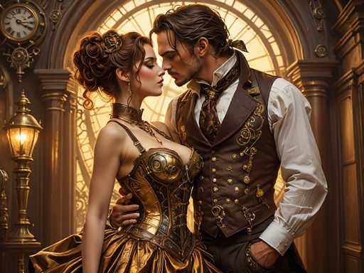 In this AI-generated image, a man and a woman are captured in a close embrace, their faces nearly touching as if they are about to kiss. The woman, positioned on the left, has her hair styled in an elegant bun adorned with a gold clip. She wears a striking gold dress with a corset-like top, and a matching gold choker around her neck. Her makeup is meticulously applied, featuring pink lipstick, blue eyeshadow, and blush on her cheeks. The man, standing to her right, has long brown hair tied back in a ponytail and sports a goatee. He is dressed in a white button-up shirt, a brown vest with gold accents, and a brown tie. His left hand rests in his pocket while his right hand gently holds the woman's waist. The background features a large, ornate stained glass window with an arch shape, casting a warm glow. To the left of the window, a golden lamp and a clock are visible, adding to the vintage ambiance of the scene.