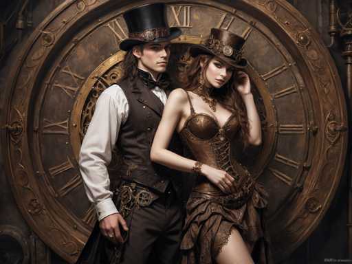 In this detailed, steampunk-themed image, a man and a woman stand in front of a large, ornate clock. The man, positioned on the left, wears a black top hat adorned with a brown band, a white long-sleeved shirt, a brown vest, and a black bow tie. His outfit is completed with a brown belt featuring a circular buckle and brown pants. He has long brown hair and a ring on his right hand. The woman, standing to his right, dons a brown top hat with a brown band, a brown corset, and a brown skirt. She accessorizes with a brown bracelet and has long brown hair. Both are looking to the right. The clock behind them is circular, with Roman numerals and intricate designs, including a smaller circle within and a handle on the right side. The background is dark, emphasizing the clock and the couple's steampunk attire.