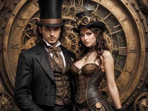 In this detailed steampunk-themed photograph, a man and a woman stand side by side, exuding an air of Victorian elegance with a futuristic twist. The man, positioned on the left, dons a tall black top hat adorned with a brown leather band, and his long, dark hair cascades down to his shoulders. He is dressed in a black suit jacket over a brown vest, complemented by a white collared shirt and a brown bow tie. His facial hair includes a mustache and a goatee, adding to his distinguished appearance. The woman, standing to his right, wears a striking black top hat embellished with gears and a white feather. Her long, dark hair flows down to her chest, framing her face. She is dressed in a revealing brown corset with a gold clasp, paired with a brown leather skirt. Both individuals gaze directly at the camera, their expressions serious and captivating. Behind them, a large, ornate clock with Roman numerals and intricate gears dominates the background, enhancing the steampunk aesthetic of the scene.