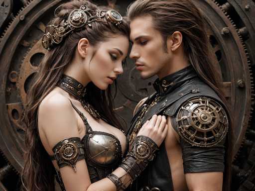 In this detailed, computer-generated image, a young couple stands in front of a large, intricate gear adorned with various cogs and gears, creating a steampunk aesthetic. The woman, positioned on the left, has long brown hair styled in a braid with gears woven into it. She wears a black leather choker with a gold buckle, a sleeveless leather top with a metal breastplate, and matching leather armbands. Her right hand rests gently on the man's chest as she gazes down at him. The man, standing to her right, has long brown hair and a slight mustache. He is dressed in a black leather vest with a gold emblem on the shoulder and matching armbands. He looks down at her with a tender expression. Both are adorned with intricate metal accessories, enhancing their steampunk appearance. The background features a large, complex gear, adding depth and emphasizing the mechanical theme of the image.