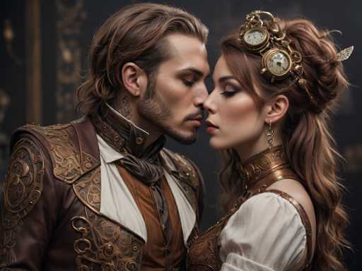 In this AI-generated image, a man and a woman are captured in a close embrace, seemingly on the verge of a kiss. The man, positioned on the left, has long, wavy brown hair and a neatly trimmed beard. He is dressed in an elaborate costume featuring a brown leather jacket adorned with intricate gold designs, a white shirt, and a brown vest. His attire is complemented by a scarf tied around his neck. The woman, on the right, has her long brown hair styled in an updo with a feather and several gold clocks embedded in it. She wears a white blouse with a brown corset and a gold collar around her neck. Her eyes are closed, and she appears to be wearing makeup, enhancing her elegant appearance. The background is a dark gray, adding a dramatic contrast to the scene. The overall aesthetic of the image suggests a steampunk influence, with both characters donning period costumes that evoke a sense of historical grandeur.
