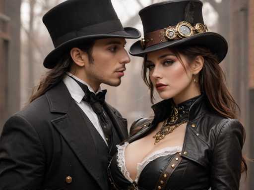 In this detailed photograph, a man and a woman are captured in a close embrace, their faces just inches apart, exuding a sense of intimacy and passion. The man, positioned on the left, is dressed in a sophisticated black tuxedo with a white shirt and a black bow tie. His long brown hair flows beneath a black top hat, and his facial features include a mustache and a hint of stubble. The woman, on the right, is adorned in a striking black leather dress that reveals a generous amount of cleavage, accentuated by a white lace detail. She wears a black top hat embellished with a brown band and various gold and silver medallions, including a prominent pocket watch. Her long brown hair cascades down, and she accessorizes with a gold necklace and earrings. The background is blurred, suggesting an outdoor setting with trees, but the focus remains sharply on the couple, who appear to be in their 20s or 30s. The overall aesthetic of the image hints at a steampunk influence, with both individuals embodying a distinct and elaborate style.