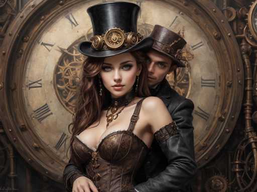 In this detailed, steampunk-themed illustration, a woman and a man stand in front of a large, ornate clock. The woman, positioned in the foreground, wears a black top hat adorned with gears and a gold band, her long brown hair cascading down to her chest. She is dressed in a brown corset with a single strap over her left shoulder, and a choker necklace with a pendant. Her blue eyes and red lipstick add to her striking appearance. The man, standing behind her, is partially obscured but wears a brown top hat with a gold band and a black leather jacket. The clock behind them is massive, with a white face, Roman numerals, and intricate gold gears visible through its center. The overall scene is rich with steampunk elements, including the detailed clockwork and the characters' elaborate attire.
