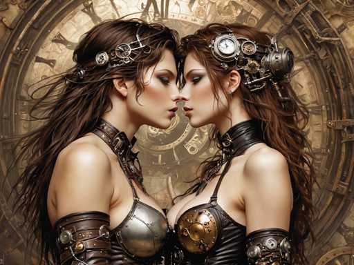 The image depicts two women standing in front of a large, circular, steampunk-inspired clock with intricate gears and cogs. Both women have long brown hair and are dressed in elaborate, steampunk-style outfits. The woman on the left has her hair adorned with a headband featuring gears and wires, and she wears a black leather choker with metal accents. Her outfit includes a silver breastplate with a strap over her shoulder, and she has leather armbands. The woman on the right has her hair styled in a bun, decorated with a gear and a camera-like accessory. She wears a black leather choker with a metal buckle and a black leather dress with a gold gear on the front. Both women are gazing at each other, creating a striking and symmetrical composition.