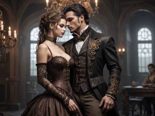 In this AI-generated image, a man and a woman are depicted in a Victorian-era setting, standing close together with their foreheads touching. The woman, positioned on the left, is adorned in a Victorian-style dress with a corset top and a voluminous skirt. She wears elbow-length lace gloves and a choker around her neck, with her brown hair styled in an updo. The man, on the right, is dressed in a black leather jacket with intricate gold embroidery, a matching vest, and brown pants. He has dark hair and a goatee, and his eyes are closed as he gazes at the woman. The background features a grand, ornate room with large arched windows, a chandelier, and a candelabra on the left side. A woman is seated at a desk on the right, adding to the room's detailed and historical ambiance.