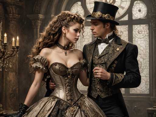 In this detailed image, a man and a woman are standing close together, gazing into each other's eyes. The woman, positioned on the left, has long, curly brown hair cascading down her back. She is adorned in a striking dress with a corset-like top, featuring a brownish-gold color and a large, voluminous skirt. The dress is complemented by black gloves, and she wears a choker necklace with a pendant. Her right arm is wrapped around the man's waist, while her left arm rests by her side.

The man, standing to her right, is dressed in a black tuxedo with intricate gold embroidery on the vest and sleeves. He wears a matching black top hat, also embellished with gold details. His left arm is bent at the elbow, with his hand resting on his waist, showcasing a ring on his ring finger. His right arm is wrapped around the woman's back.

The background features a large, ornate window with a cross design and circular patterns at the top, framed by brown arches. To the left of the woman, a candelabra with three lit candles adds a touch of elegance to the scene. The overall setting exudes a sense of romance and sophistication, with both individuals appearing deeply engrossed in each other's presence.