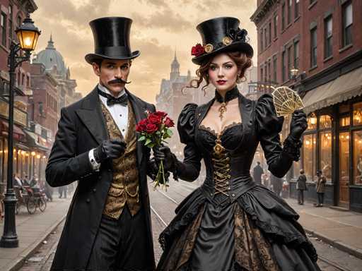 A man and woman dressed in period costumes stand on a cobblestone street lined with buildings. The man wears a top hat and tails, while the woman is adorned in a long dress with a corset and a large fan. They hold flowers as they pose for the camera.