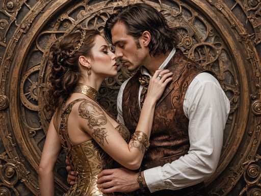 In this evocative image, a man and a woman are captured in a tender moment, standing close together with their foreheads gently touching. The woman, positioned on the left, has her eyes closed and her head tilted slightly upward, exuding a sense of serenity and intimacy. She is adorned in a stunning gold dress, which features intricate black tattoos on her arms that depict delicate flowers and mechanical elements. Her long brown hair cascades down her back, and she wears a gold headband that complements her attire. A gold bracelet graces her wrist, adding to her elegant appearance.

The man, standing to her right, has his eyes open and gazes down at her with a tender expression. He has brown hair and a matching brown beard, and he is dressed in a crisp white shirt paired with a brown vest that boasts a subtle floral pattern. His left hand rests gently on her waist, while his right hand supports her elbow, creating a sense of connection and support.

The background of the image is a rich tapestry of dark brown, adorned with intricate gold designs. These designs include circular patterns and ornate swirls, adding depth and a touch of opulence to the scene. The overall composition of the image is both intimate and visually captivating, highlighting the emotional bond between the two individuals.