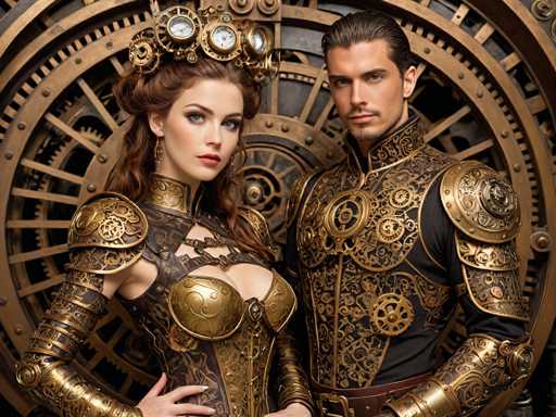 In this detailed image, a man and a woman are dressed in elaborate steampunk attire, standing in front of a large, intricate wooden gear. The woman, positioned on the left, has long, reddish-brown hair adorned with a golden crown featuring four clock faces. She wears a revealing dress with gold accents, including a prominent gold breastplate and shoulder armor. Her makeup is striking, with red lipstick and blue eyeshadow, and she has a gold earring. The man, standing to her right, has slicked-back black hair and a goatee. He is dressed in a black outfit with gold armor, including shoulder plates and a chest plate decorated with gears. Both individuals are looking directly at the camera, exuding a sense of confidence and mystery. The background, dominated by the large wooden gear, adds to the steampunk aesthetic of the scene.